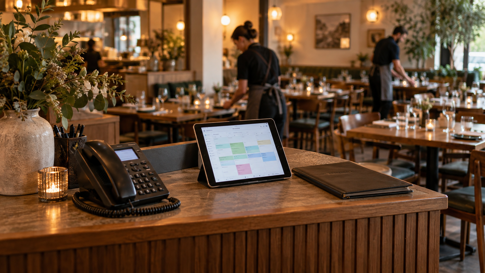 Illustrative restaurant host station with a telephone and reservation tablet beside prepared dining tables.