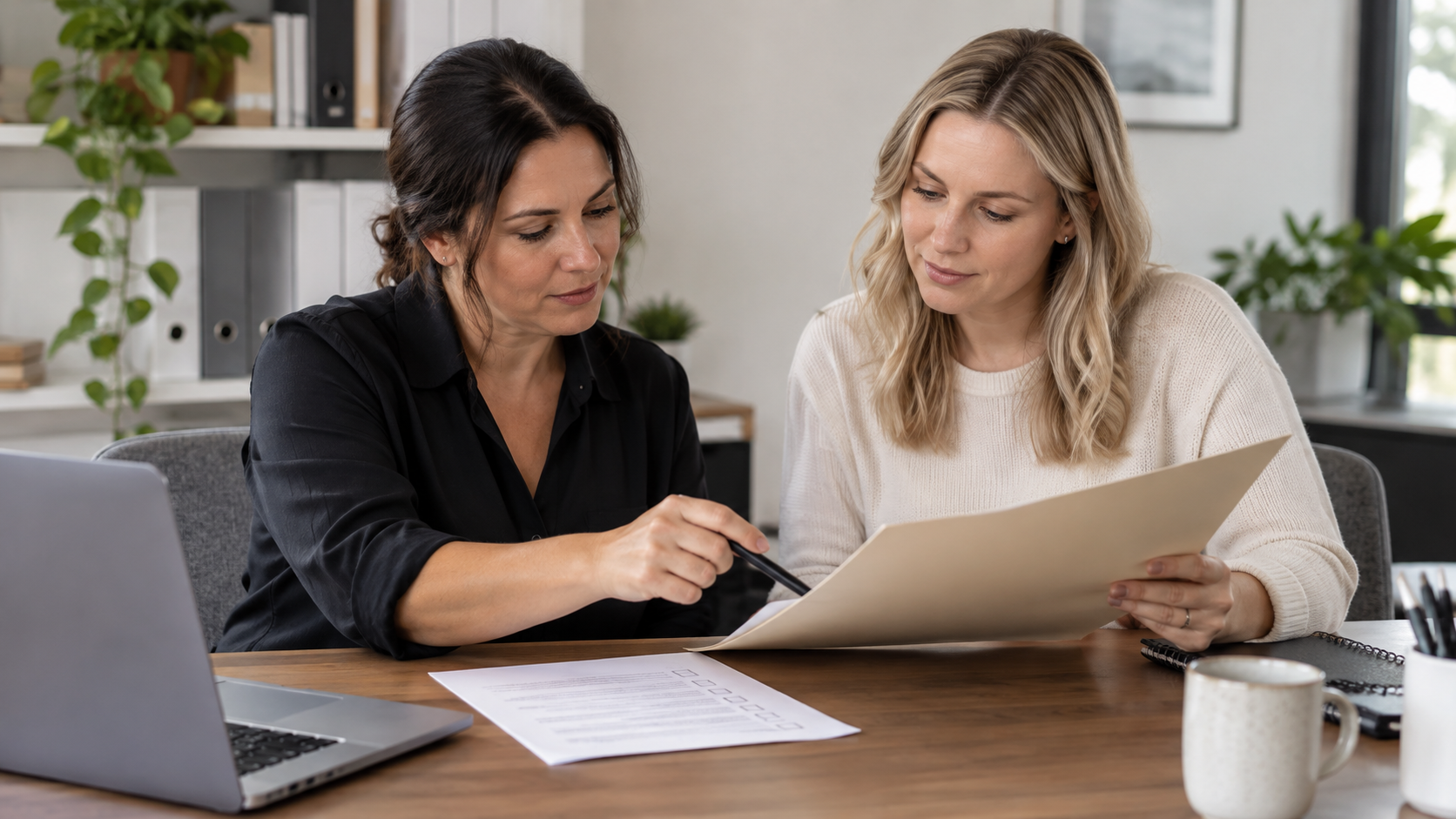 Illustrative support-provider staff reviewing an intake checklist before approving administrative work.